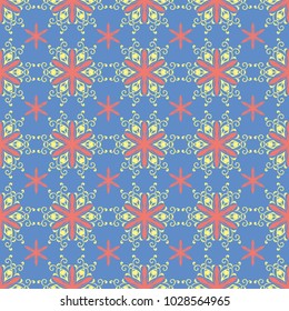 Floral seamless pattern. Red and yellow flower elements on blue background for wallpapers, textile and fabrics