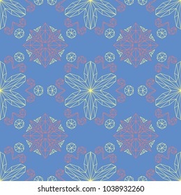 Floral seamless pattern. Red and yellow flower elements on blue background for wallpapers, textile and fabrics