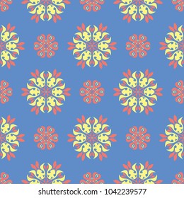 Floral seamless pattern. Red and yellow flower elements on blue background for wallpapers, textile and fabrics