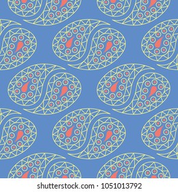 Floral seamless pattern. Red and yellow flower elements on blue background for wallpapers, textile and fabrics