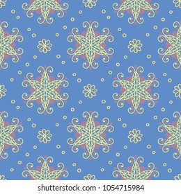 Floral seamless pattern. Red and yellow flower elements on blue background for wallpapers, textile and fabrics