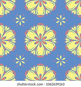 Floral seamless pattern. Red and yellow flower elements on blue background for wallpapers, textile and fabrics