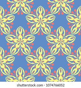 Floral seamless pattern. Red and yellow flower elements on blue background for wallpapers, textile and fabrics