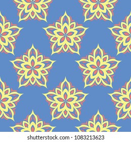 Floral seamless pattern. Red and yellow flower elements on blue background for wallpapers, textile and fabrics