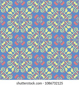 Floral seamless pattern. Red and yellow flower elements on blue background for wallpapers, textile and fabrics