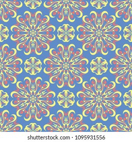 Floral seamless pattern. Red and yellow flower elements on blue background for wallpapers, textile and fabrics