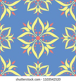 Floral seamless pattern. Red and yellow flower elements on blue background for wallpapers, textile and fabrics