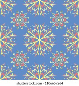Floral seamless pattern. Red and yellow flower elements on blue background for wallpapers, textile and fabrics