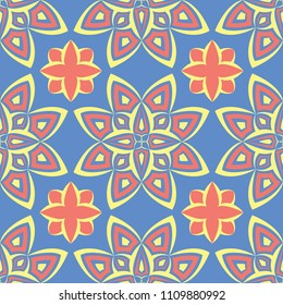 Floral seamless pattern. Red and yellow flower elements on blue background for wallpapers, textile and fabrics