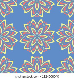 Floral seamless pattern. Red and yellow flower elements on blue background for wallpapers, textile and fabrics
