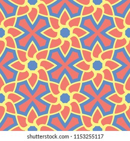 Floral seamless pattern. Red and yellow flower elements on blue background for wallpapers, textile and fabrics