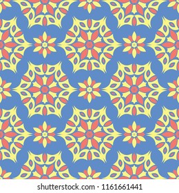 Floral seamless pattern. Red and yellow flower elements on blue background for wallpapers, textile and fabrics