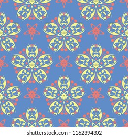 Floral seamless pattern. Red and yellow flower elements on blue background for wallpapers, textile and fabrics