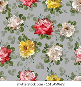 Floral seamless pattern with red, yellow, cream flowers rose, branches, green leaves on gray background. Design for textile, wallpapers, wrapping paper. Watercolor style. Vector stock illustration.