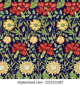 Floral seamless pattern with red and yellow flowers on dark blue background. Vector illustration.