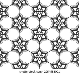 Floral seamless pattern. Repeat hand drawn abstract flower buds. Botanical black lace background. Flat fashion summer garden textile texture. Retro spring elegant monochrome geometric wallpaper