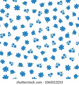 Floral seamless pattern. Repeated cute flowers with leaves. Endless print. Vector illustration. White, blue, green.