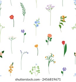 Floral seamless pattern, repeating background. Endless texture, field flowers, summer blooms, branches, tiny wildflowers. Botanical natural flat vector illustration for textile, wallpaper, wrapping