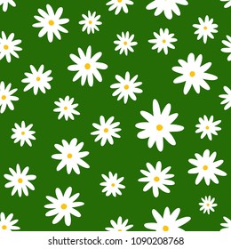 Floral seamless pattern with repeating daisies on green background. Endless feminine print. Cute vector illustration.