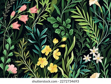 Floral seamless pattern. Repeating design element for printing on fabric. Wild blooming flowers, green leaves and branches on dark background. Botanical template. Cartoon flat vector illustration