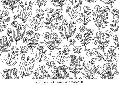 Blumen nahtloses Muster, sich wiederholende Linien Kunst Blumen. Umrissgezeichnete Blumen. Florale sich wiederholende Armbanduhr für endloses Muster.