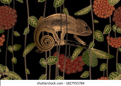 Floral seamless pattern. Reptile on branches of tree. Exotic Tropical Flowers, Vines, Leaves and Chameleon. Black, red, gold foil print and green. Vector illustration. Vintage