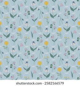 Floral seamless pattern. Retro background with beautiful plants. Damask ornament with ribbon bows and flowers for fabric, wallpaper, wrapping paper. Elegant vintage vector illustration.

