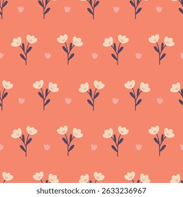 Floral seamless pattern with retro flowers on pink background. Perfect for wallpaper, gift paper, spring and summer greeting cards. Vector hand drawn illustration