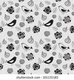 Floral seamless pattern in retro style with birds