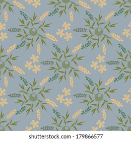 Floral seamless pattern in retro style "morning fog." Flowers, leaves, grass, circles. Vector.