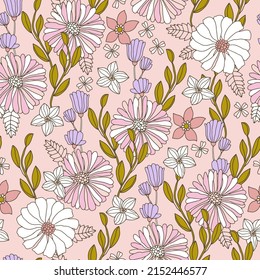 Floral seamless pattern in retro style. Hand drawn blossom vintage texture. Great for fabric, textile, wallaper. Vector illustration