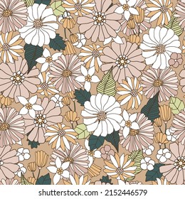 Floral seamless pattern in retro style. Hand drawn blossom vintage texture. Great for fabric, textile, wallaper. Vector illustration