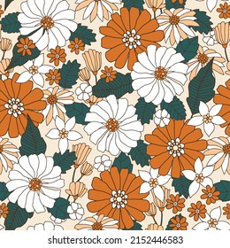 Floral seamless pattern in retro style. Hand drawn blossom vintage texture. Great for fabric, textile, wallaper. Vector illustration