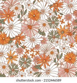 Floral seamless pattern in retro style. Hand drawn blossom vintage texture. Great for fabric, textile, wallaper. Vector illustration