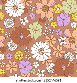 Floral seamless pattern in retro style. Hand drawn blossom vintage texture. Great for fabric, textile, wallaper. Vector illustration