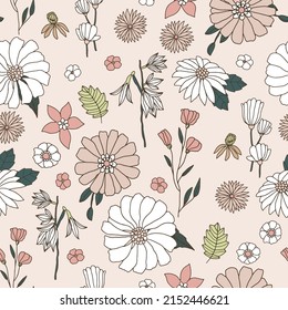 Floral seamless pattern in retro style. Hand drawn blossom vintage texture. Great for fabric, textile, wallaper. Vector illustration