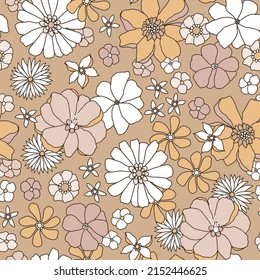 Floral seamless pattern in retro style. Hand drawn blossom vintage texture. Great for fabric, textile, wallaper. Vector illustration