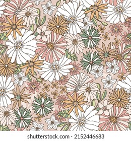 Floral seamless pattern in retro style. Hand drawn blossom vintage texture. Great for fabric, textile, wallaper. Vector illustration