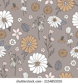 Floral seamless pattern in retro style. Hand drawn blossom vintage meadow texture. Great for fabric, textile, wallaper. Vector illustration