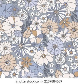 Floral seamless pattern in retro style. Hand drawn pastel blossom  vintage texture. Great for fabric, textile, wallpaper. Vector illustration