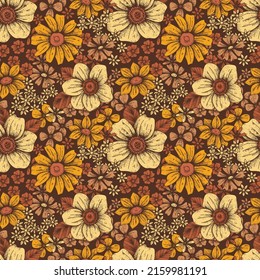 Floral Seamless Pattern In Retro Style 70s, 60s. Flower Child, Hippie Style, Summer Floral Background. Groove Floral Texture Of The Seventies. Vector.