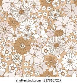 Floral seamless pattern in retro style. Hand drawn beige flowers vintage meadow texture. Great for fabric, textile, wallaper. Vector illustration