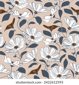 Floral seamless pattern in retro style. Hand drawn blossom vintage texture. Great for fabric, textile, wallpaper. Vector illustration
