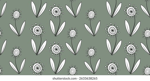 Floral seamless pattern in retro style. Monochrome flowers on green background. Unusual fantasy daisy flowers with clear black contour. Cute childish plant design.