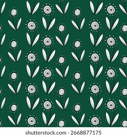 Floral seamless pattern in retro style. Monochrome flowers on deep dark green background. Unusual fantasy daisy flowers with clear black contour. Cute childish plant design.