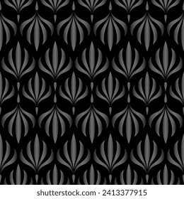 Floral seamless pattern. Retro stylish geometric texture with black metallic Art Nouveau tiles. Vector geometric decorative leaves texture isolated on black background abstract art deco style