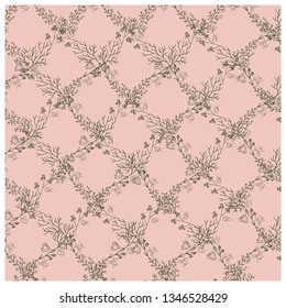 Floral seamless pattern of rhombuses. Pink geometric background, black floral ornament style illustration. Sketch wrapping paper, texture, background vector fill. Vector illustration.