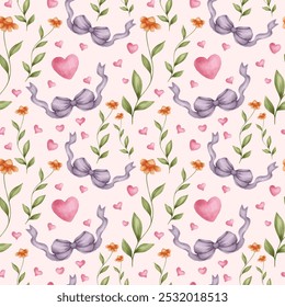 Floral seamless pattern with ribbon bow and love element.