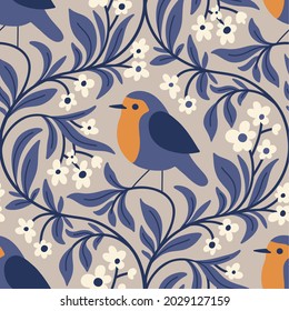 Floral seamless pattern with robin. Hand-drawn vector illustration.