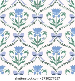 Floral seamless pattern, rococo style wallpaper, retro background with flowers and bows